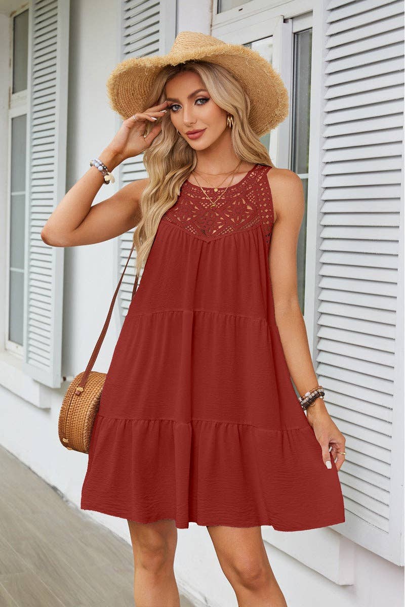 Halter Neck Lace Trim Tiered A Line Summer Dress
