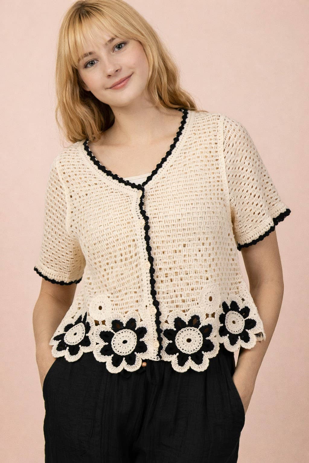 Floral Hem Crochet Button Down Short Sleeved Top