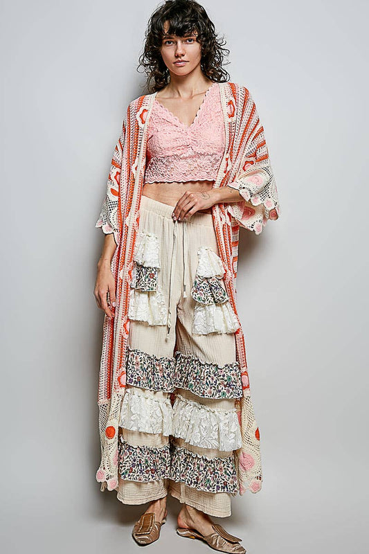 3/4 Sleeve Striped Floral Pattern Crochet Open Cardigan