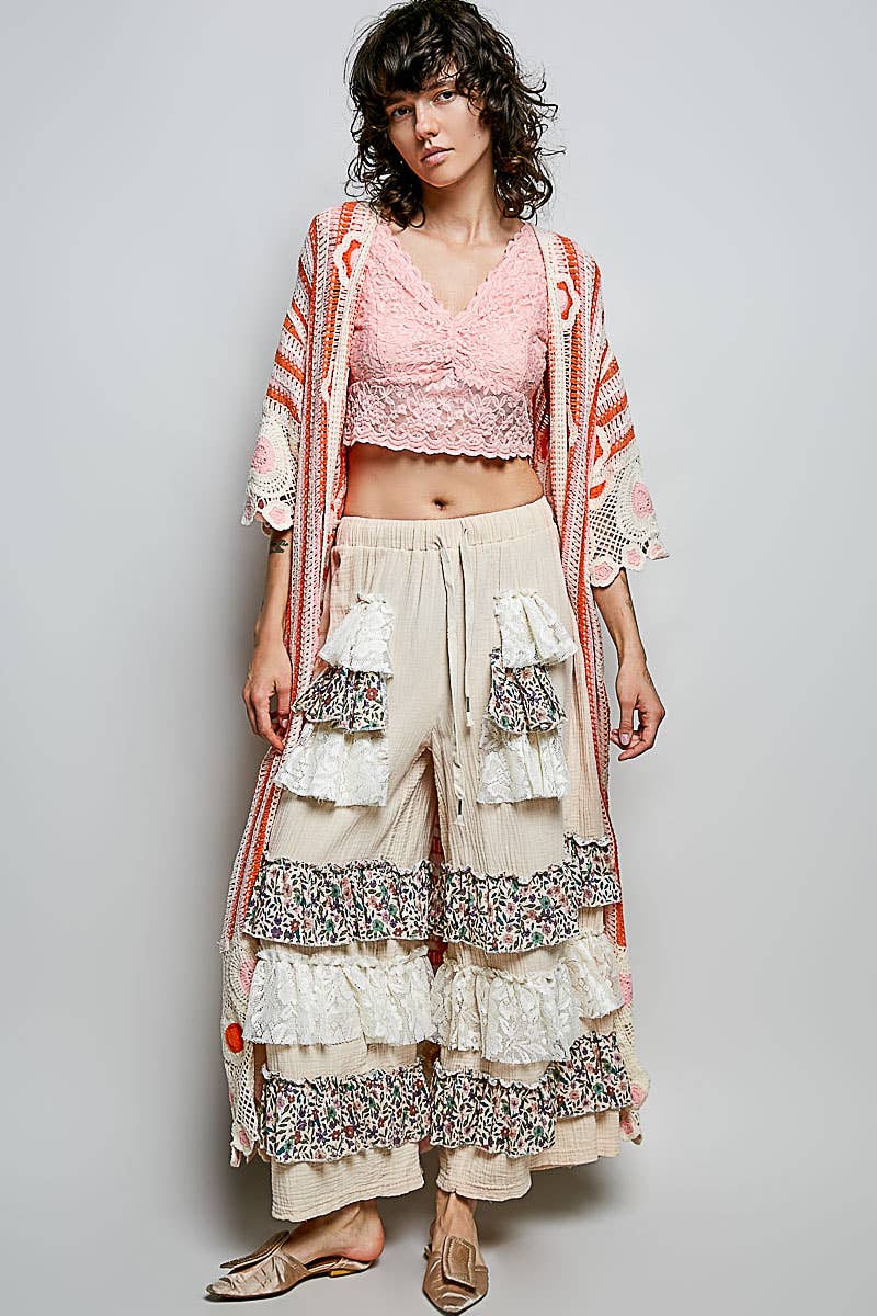 3/4 Sleeve Striped Floral Pattern Crochet Open Cardigan