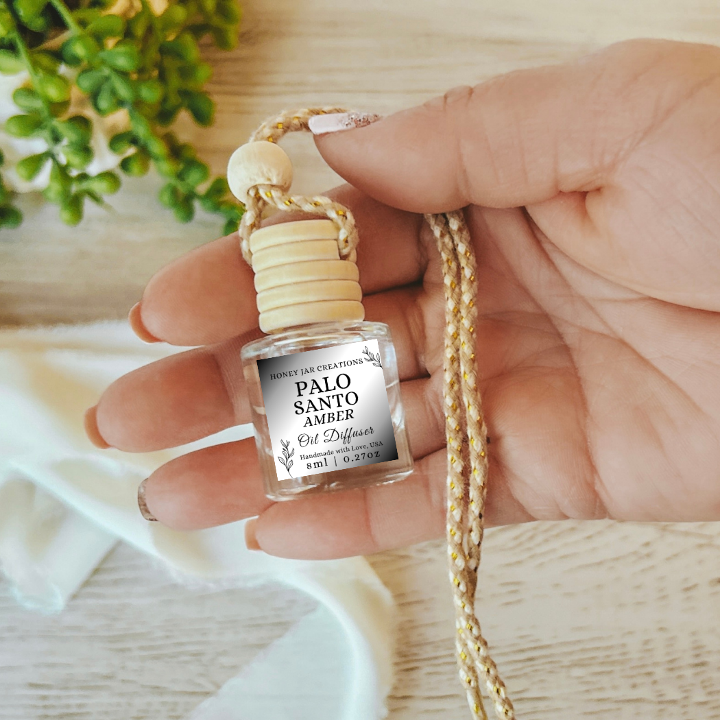 Hanging Car Diffuser | Palo Santo Amber | Made in USA: Round Bottle