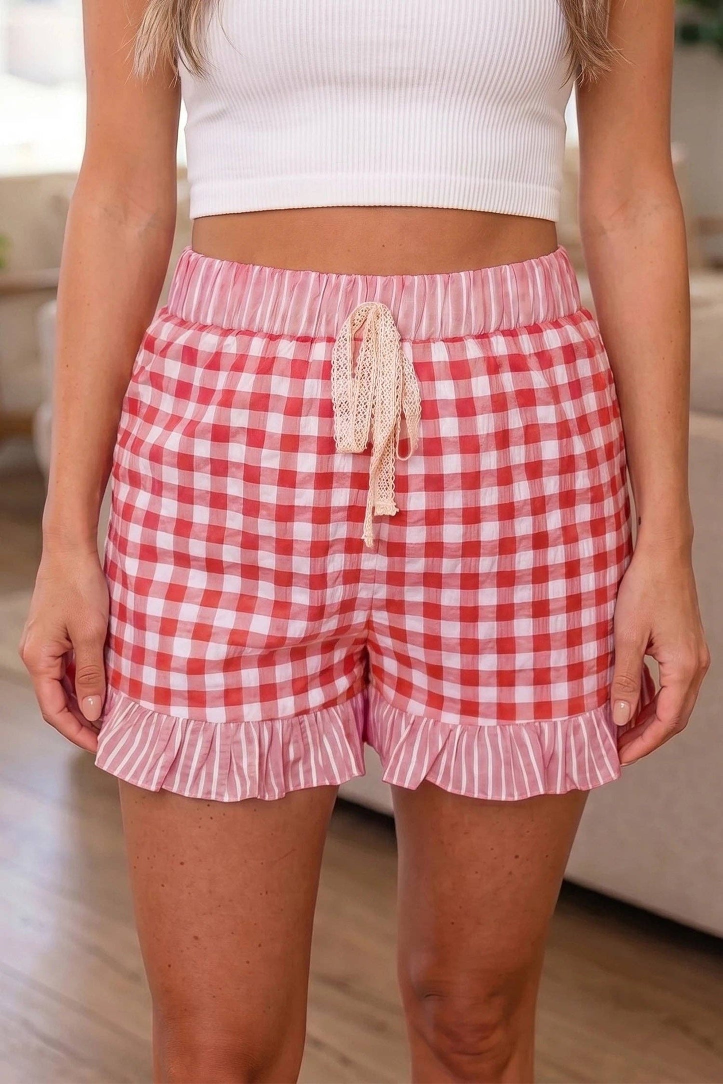 Pink Gingham Print Ruffled Shorts