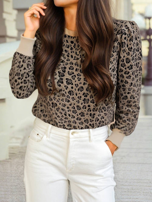 Ribbed Trim Leopard Print Long Sleeve Top