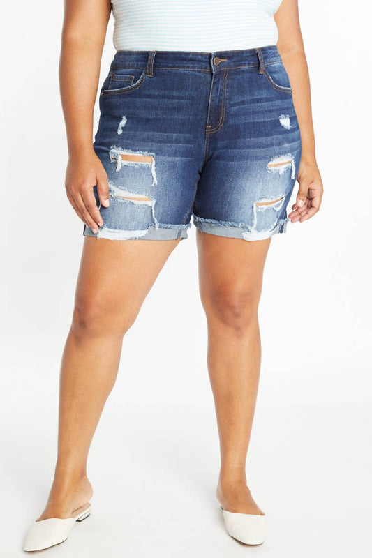 Plus Size Mid Rise Distressed Bermuda Denim Shorts