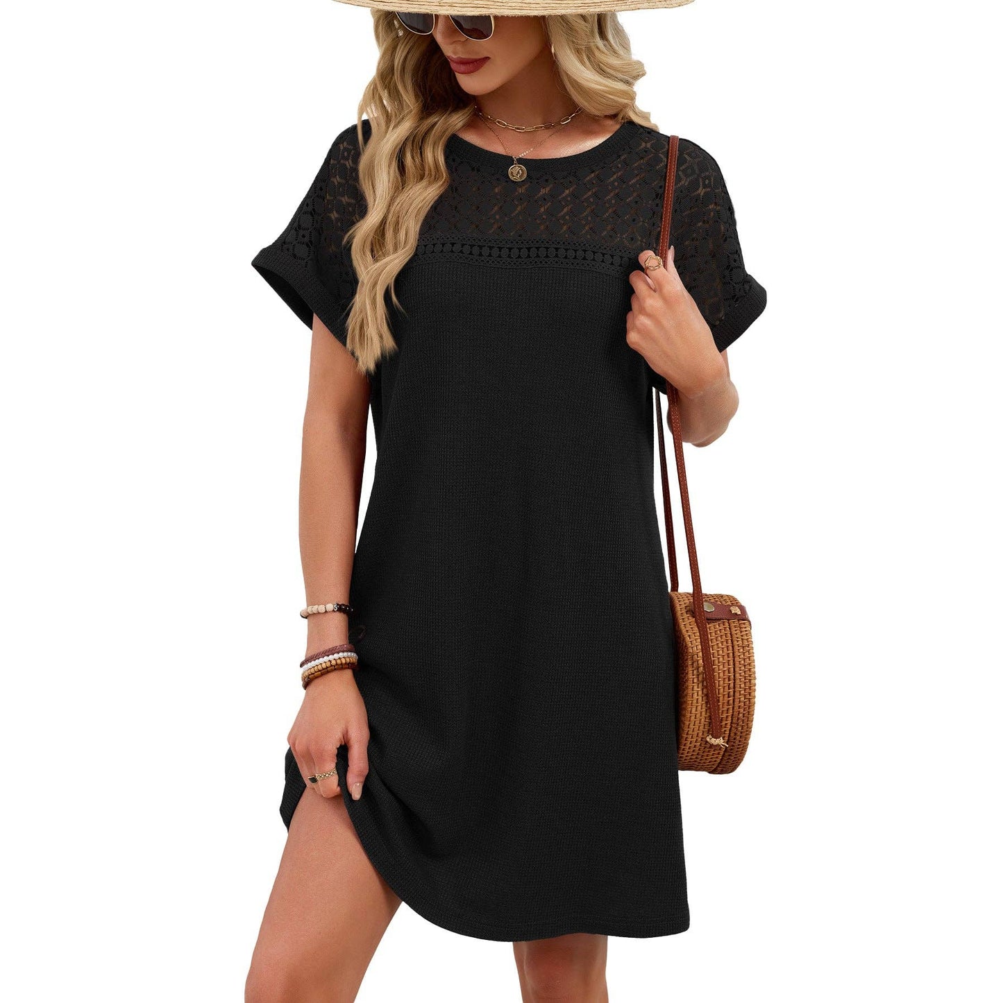 Lace Patchwork Casual Short Sleeve Loose Dress