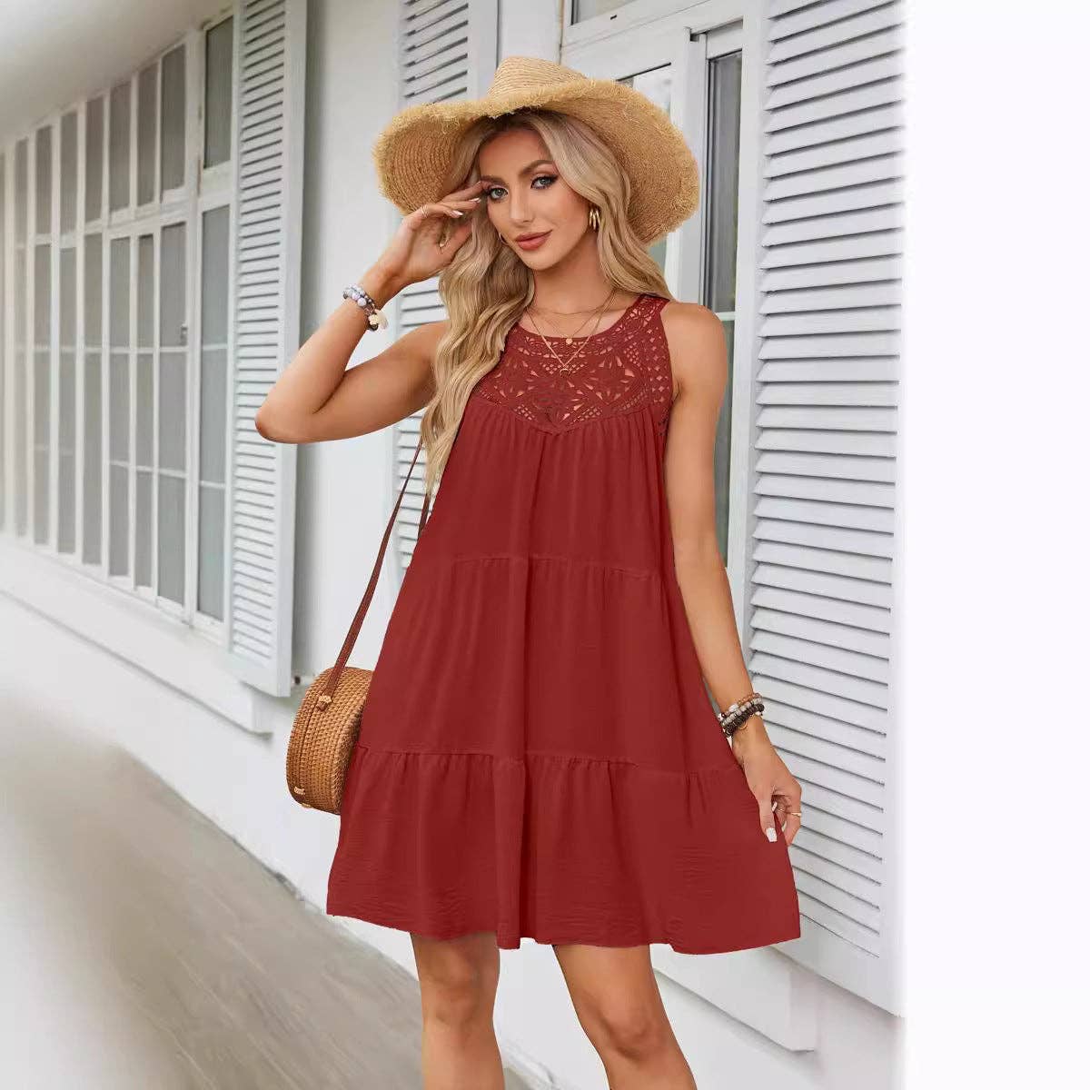 Halter Neck Lace Trim Tiered A Line Summer Dress