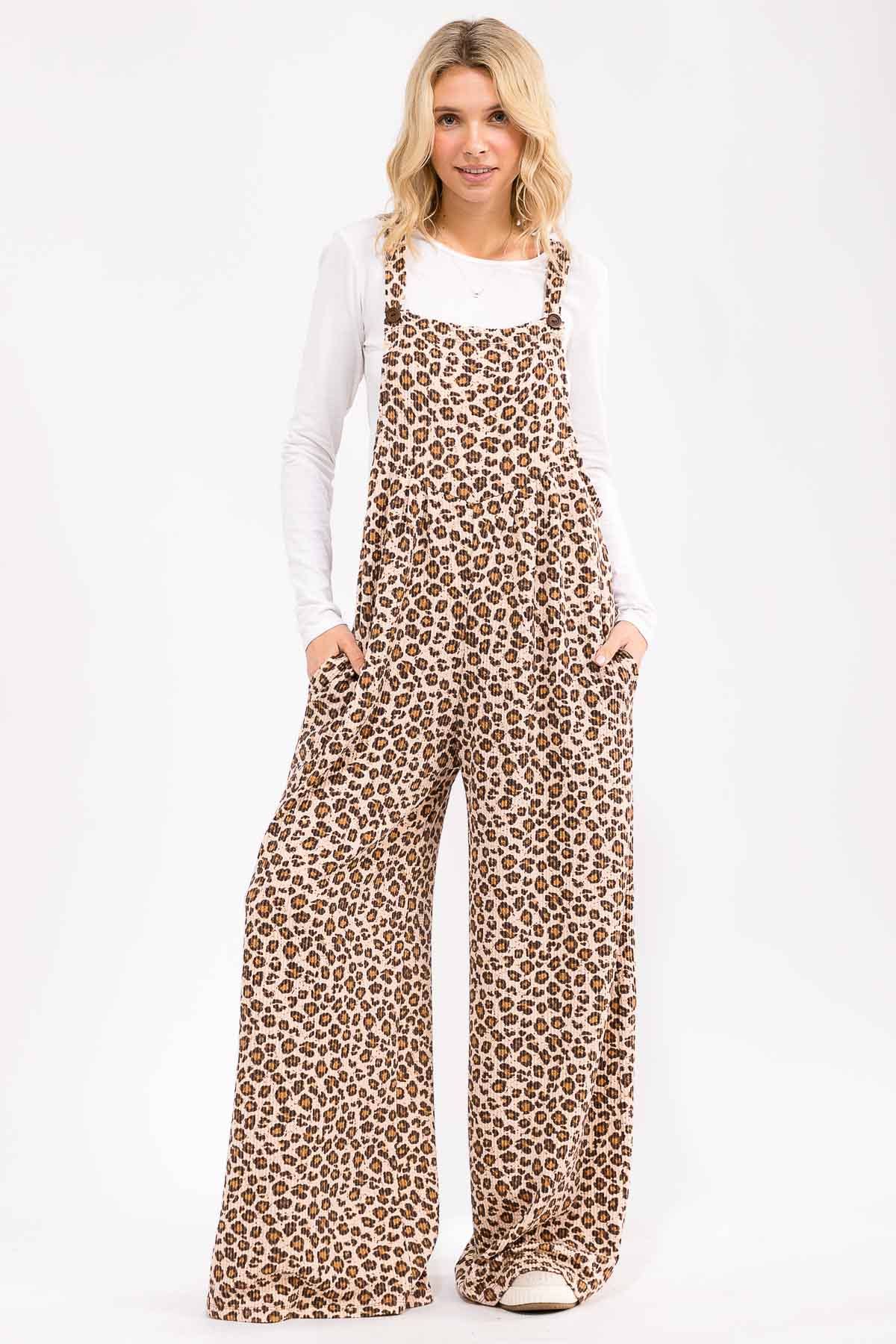 Leopard Print Wide Leg Overall Jumpsuit