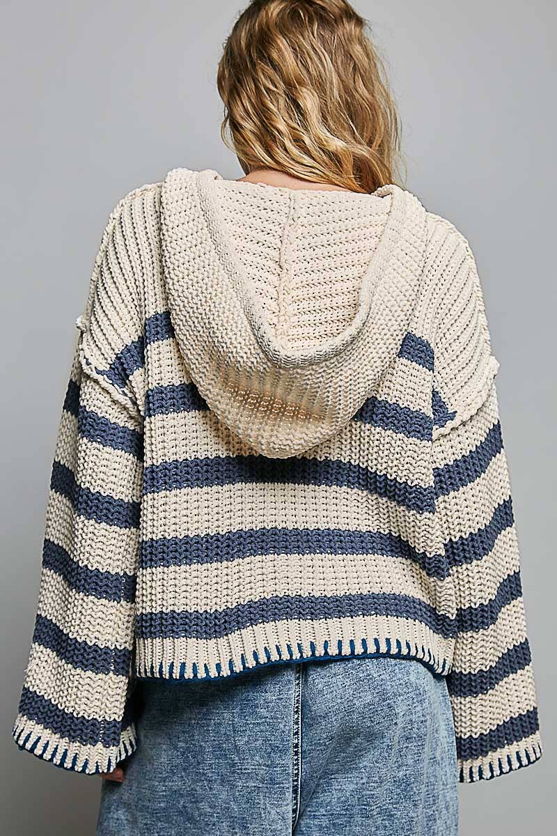 Hoodie V-neck Striped Long Sleeve Stitch Chenille Sweater: CREAM/NAVY