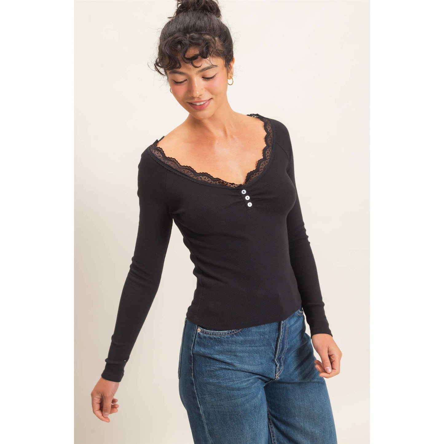 Lace-Trim Henley Top