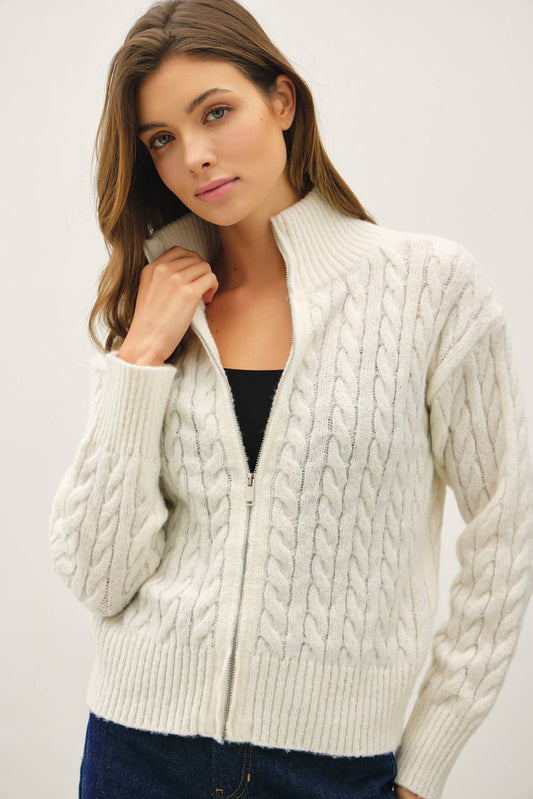 CABLE KNIT ZIP UP SWEATER JACKET W/ HIGH COLLAR