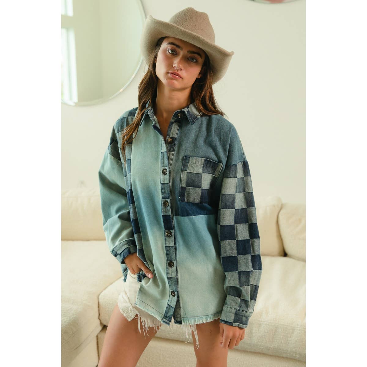 Checker Denim Mix Match Washed Shirt