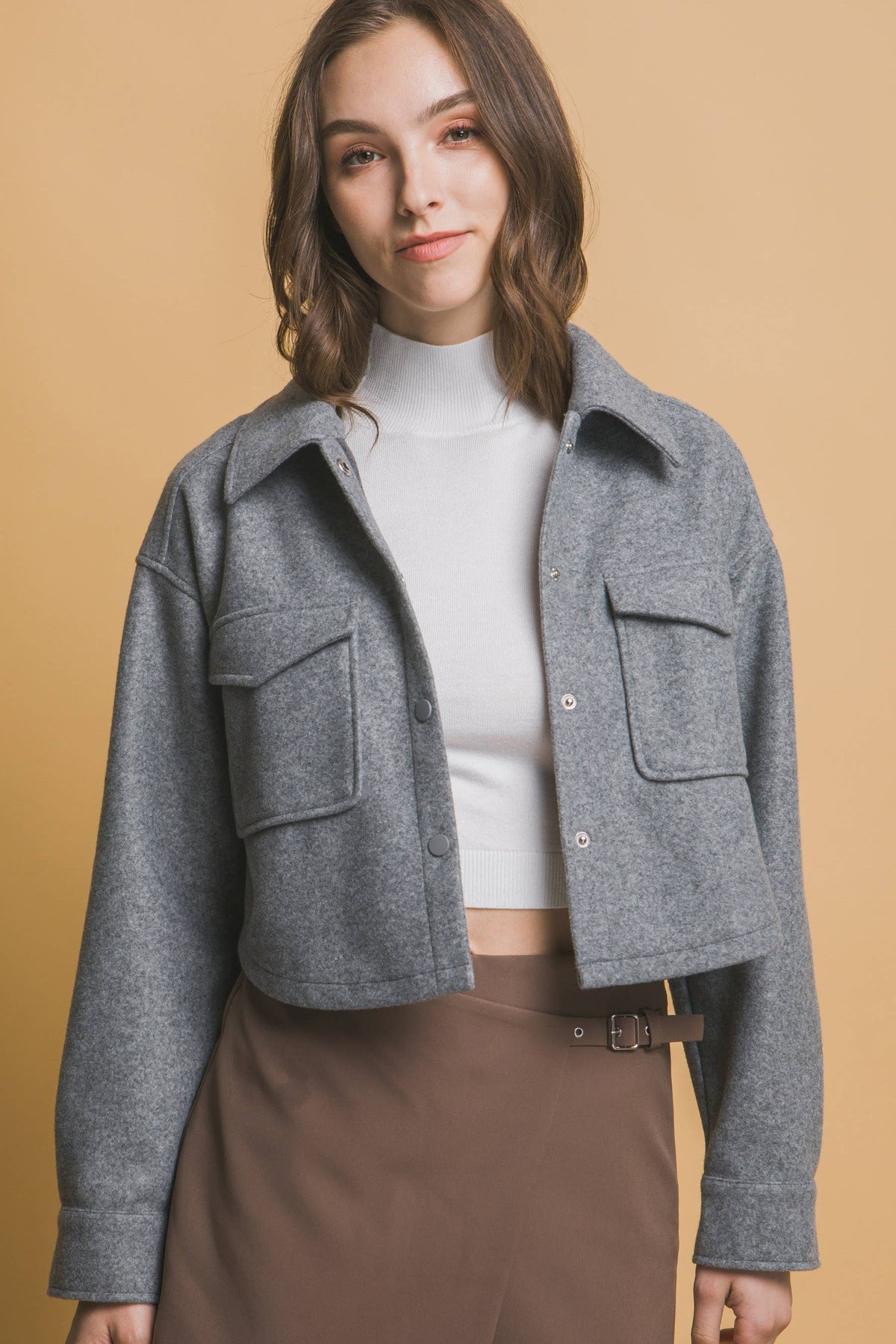 JQ Fleece Cropped Snap-Button Shacket: Wine