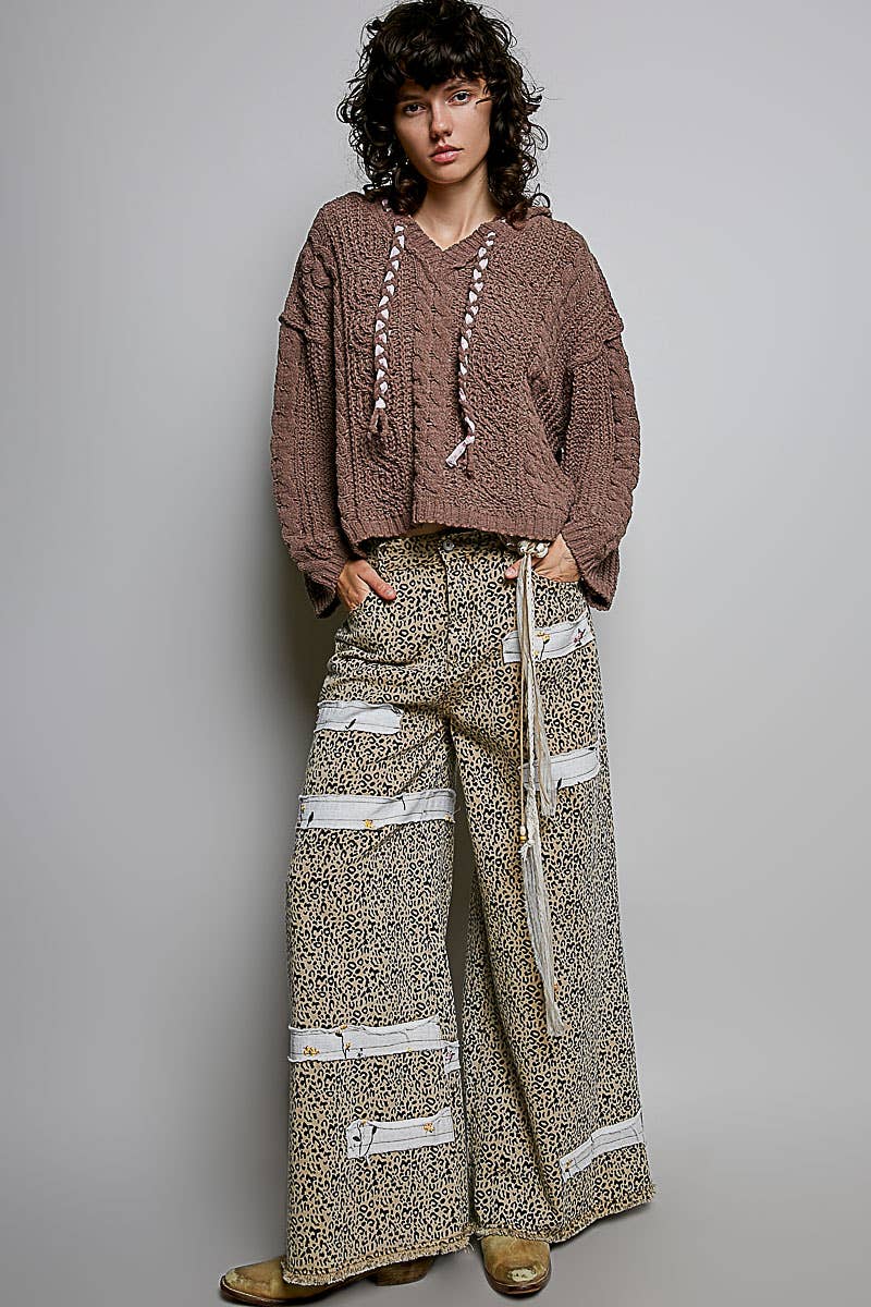 Oversize Fit V-neck Hooded Cable Knit Chenille Sweater