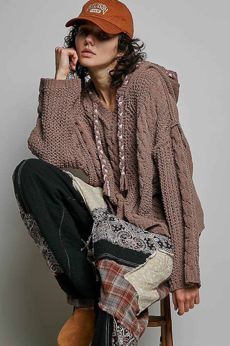 Oversize Fit V-neck Hooded Cable Knit Chenille Sweater
