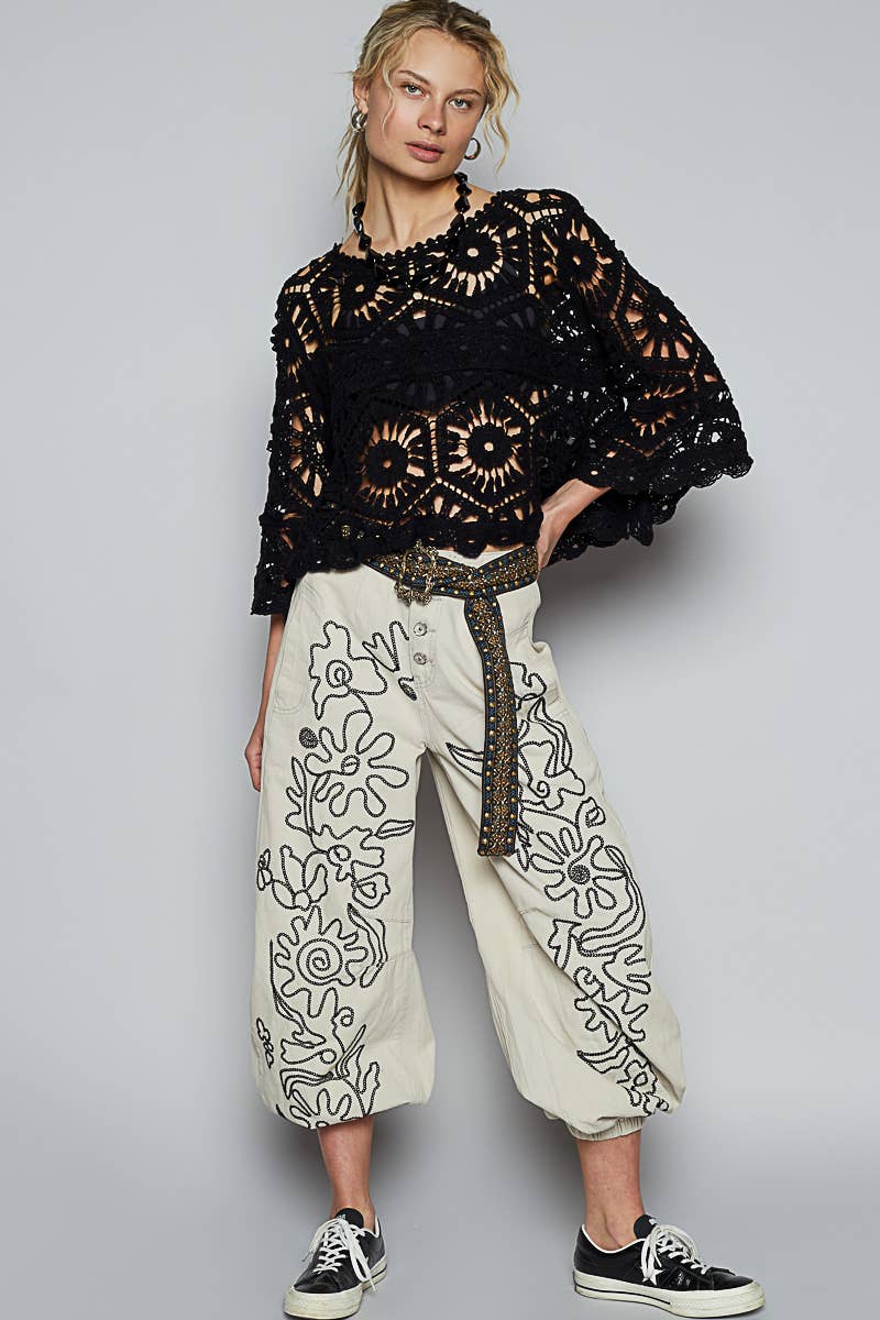 Round Neck 3/4 Sleeve Crochet Cropped Top