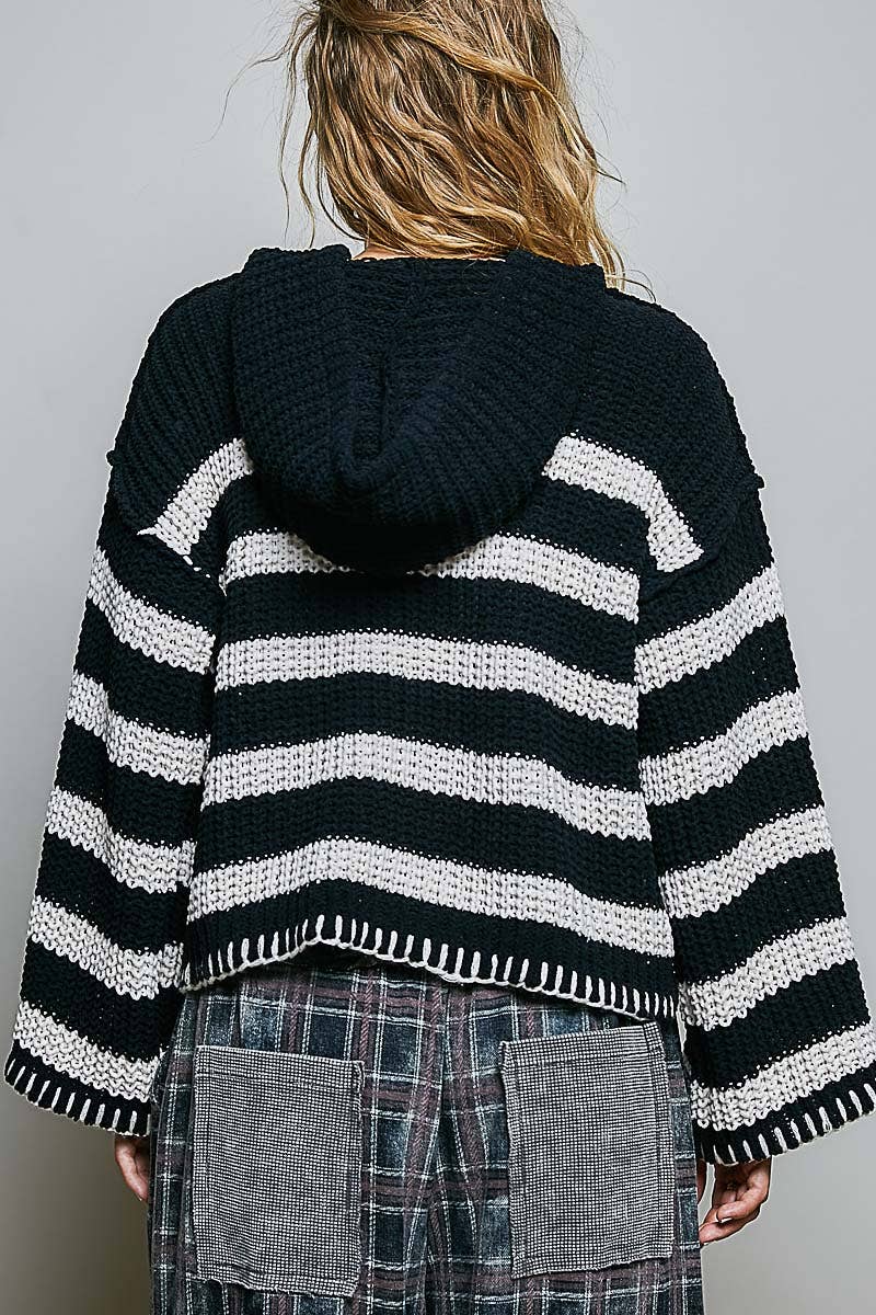Hoodie V-neck Striped Long Sleeve Stitch Chenille Sweater: CREAM/NAVY