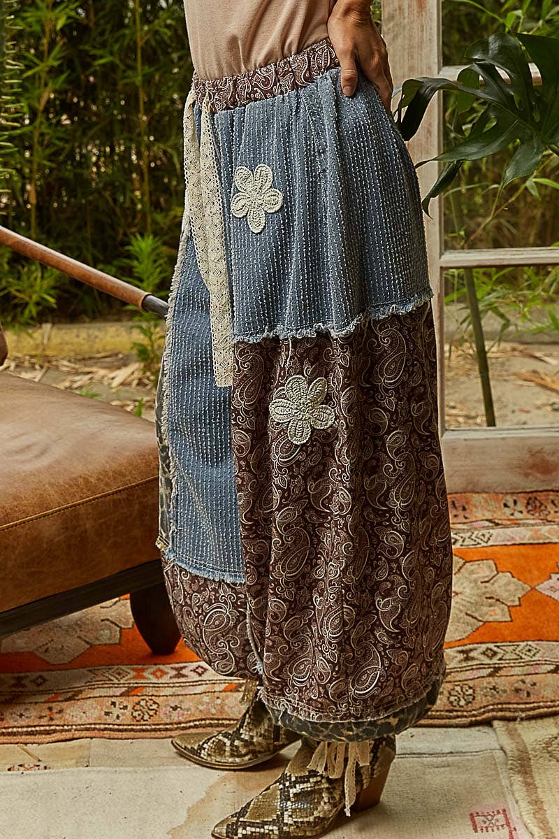 Crochet patch detail contrast patchwork printed woven pants