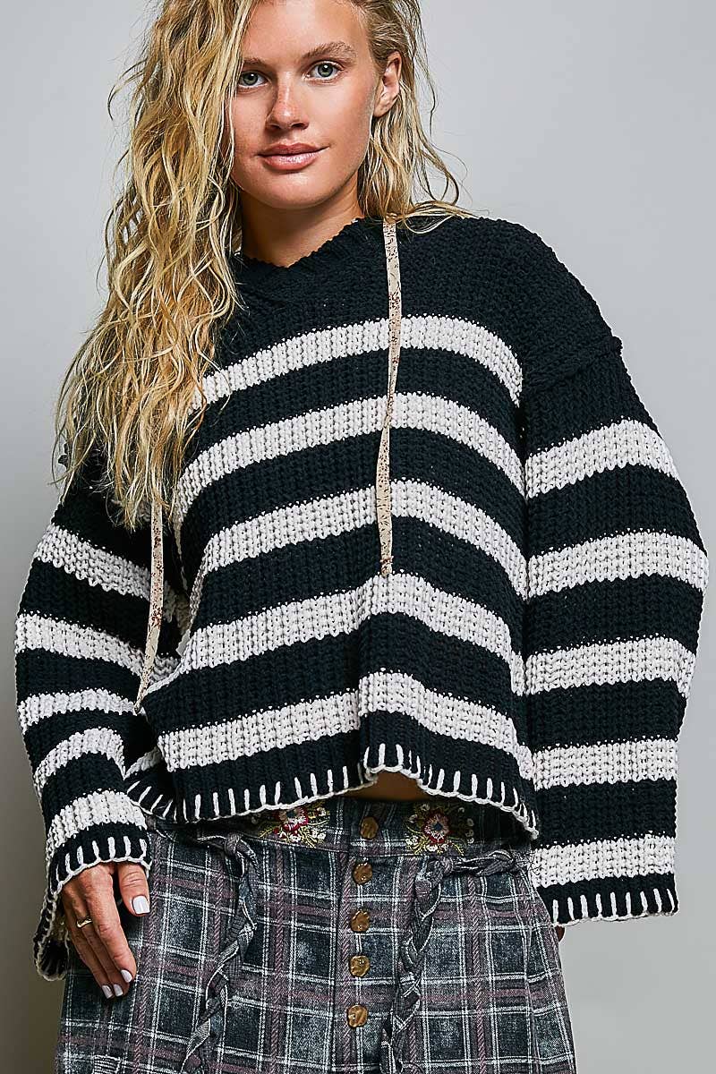 Hoodie V-neck Striped Long Sleeve Stitch Chenille Sweater: CREAM/NAVY