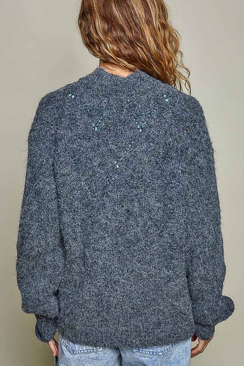 Relaxed Fuzzy Knit Pointelle Detail Ribbed Trim Cardigan: CHARCOAL One Size