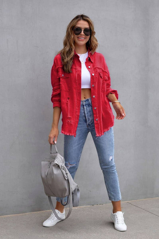 Raw Edge Solid Color Lapel Denim Shacket-Red