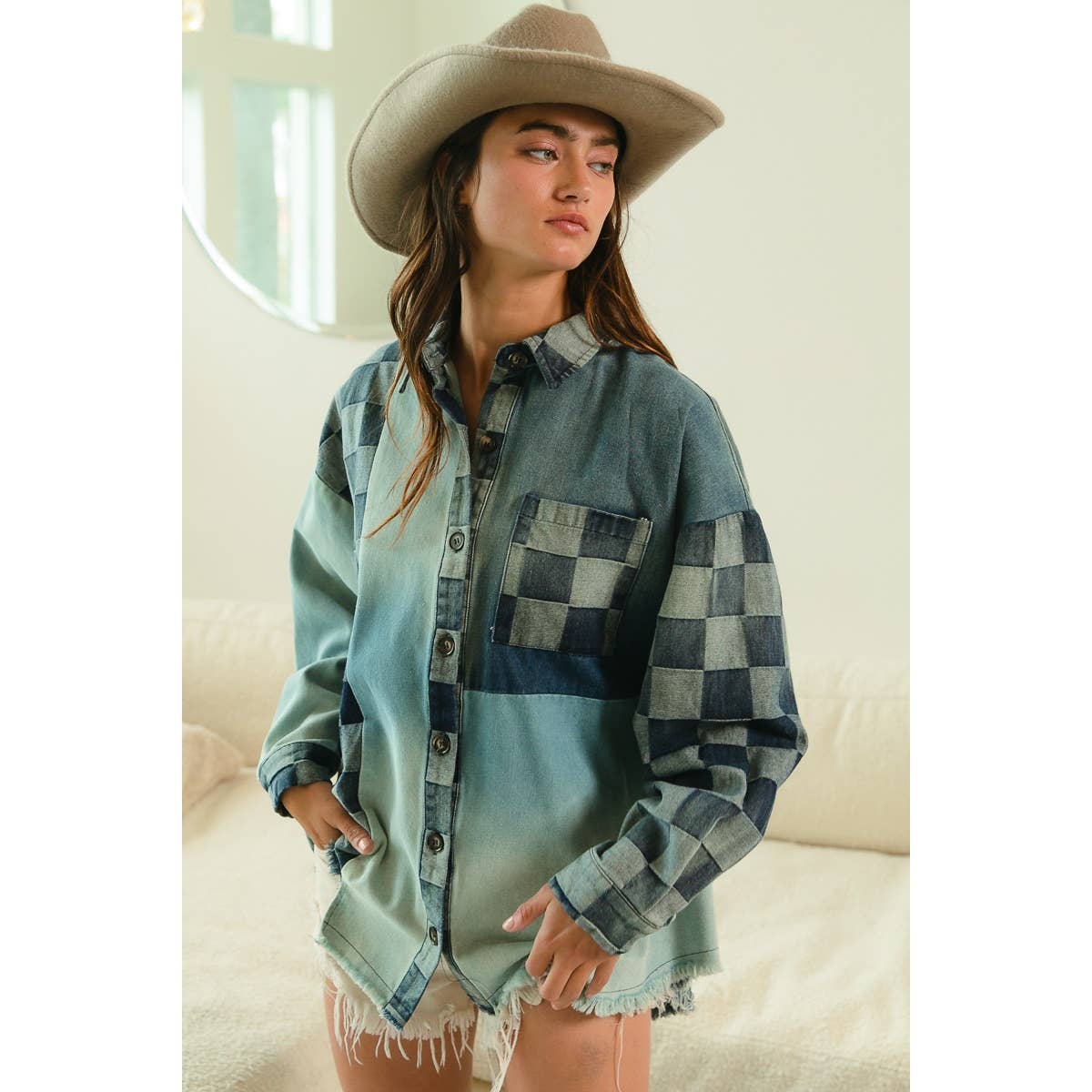 Checker Denim Mix Match Washed Shirt