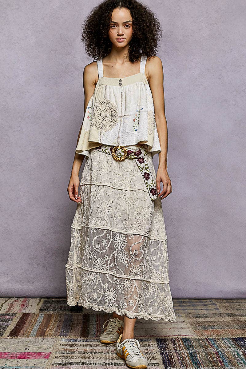 Crochet Floral Embroidery Lining Roomy Fit Skirt