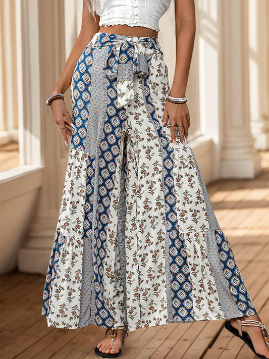 Tie Printed Wide-Leg Pants