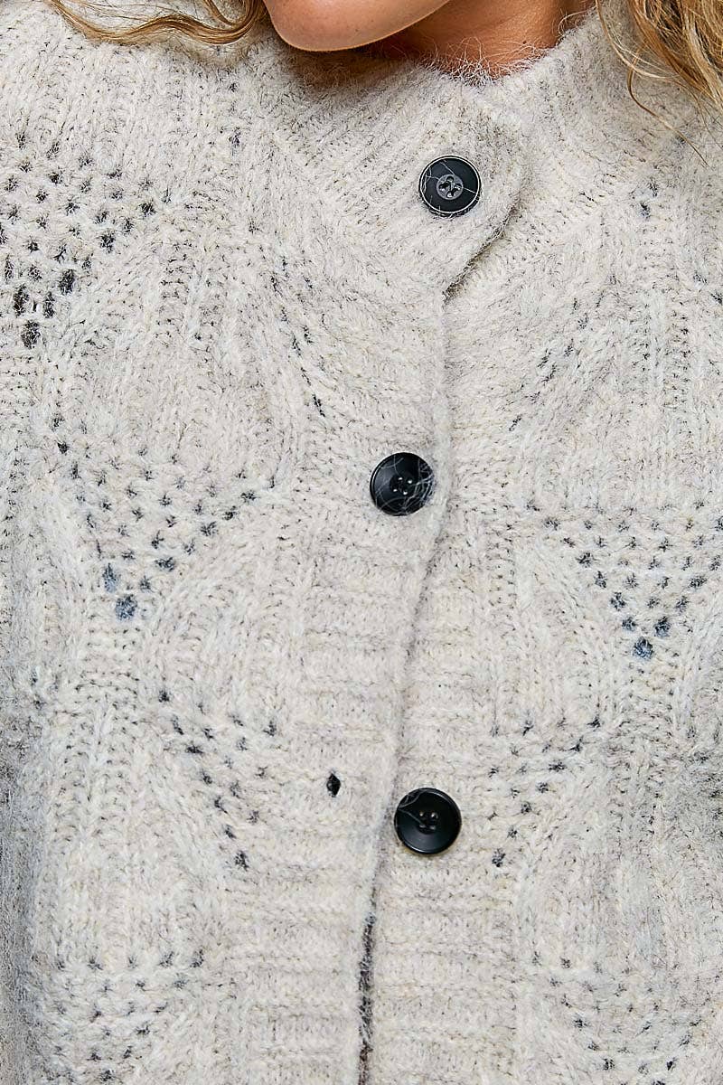 Relaxed Fuzzy Knit Pointelle Detail Ribbed Trim Cardigan: CHARCOAL One Size