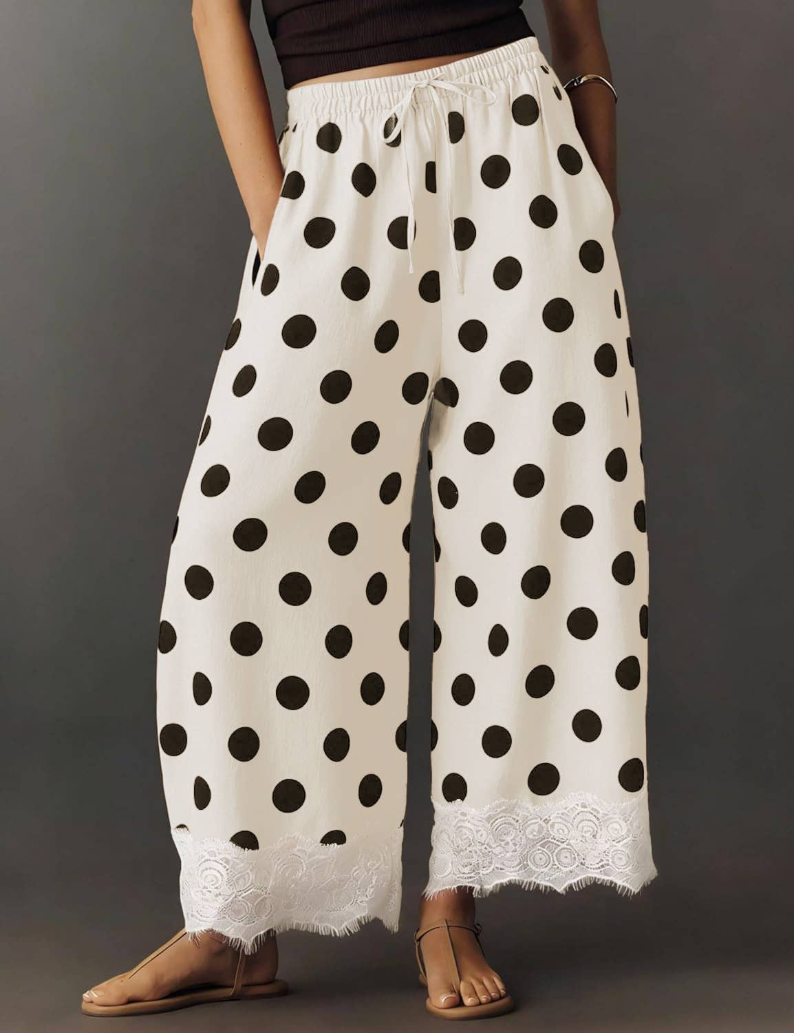 Polka Dot Elastic Waist Cropped Wide Leg Pants