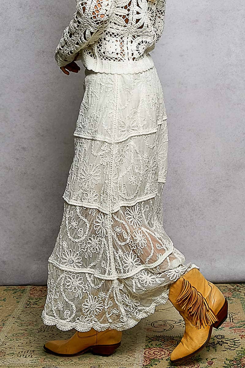 Crochet Floral Embroidery Lining Roomy Fit Skirt