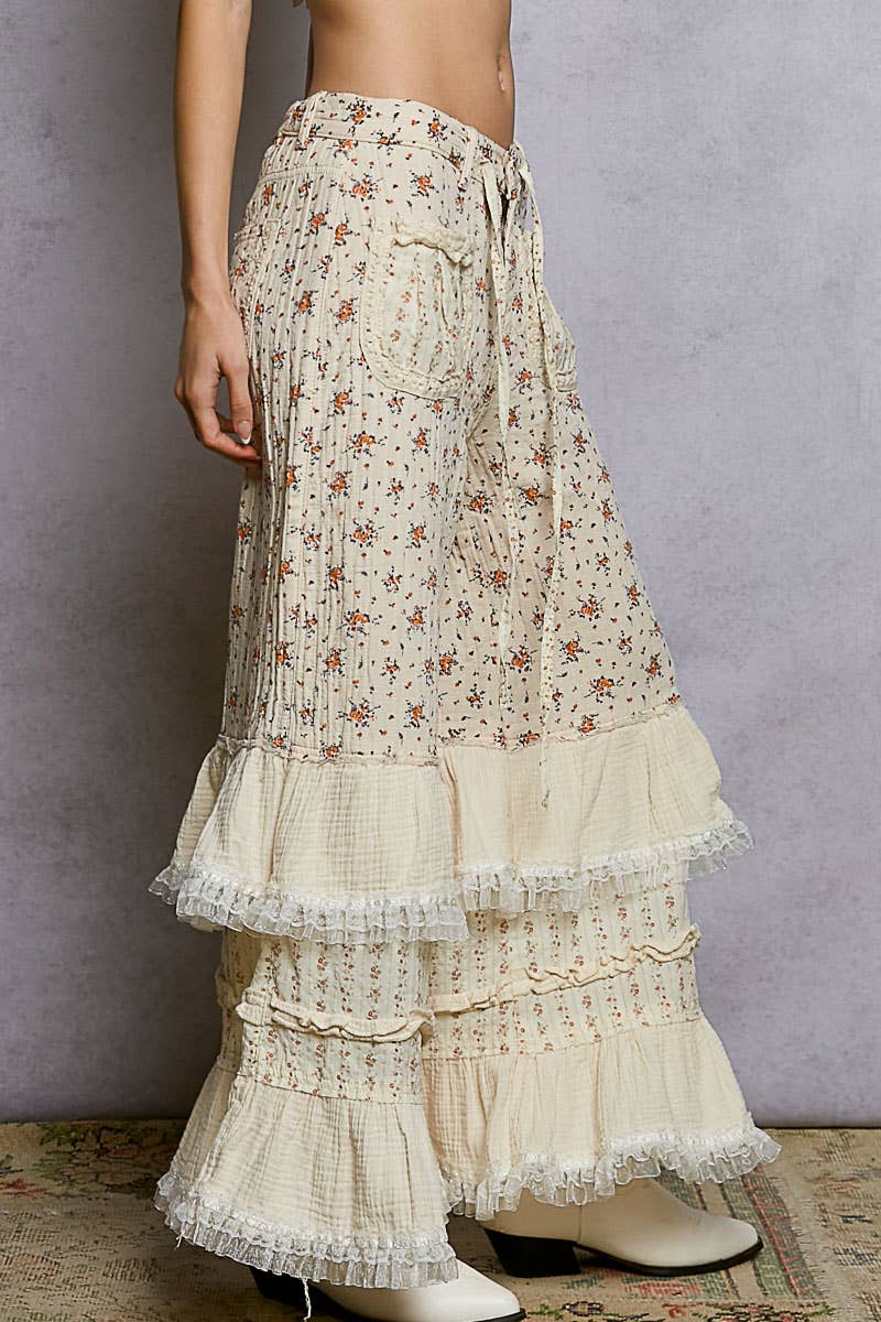 Double Gauze Floral Front Patch Pockets Ruffle Wide Pants