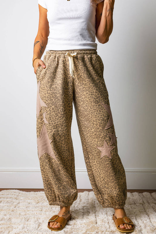 Leopard Print Star Patched Elastic Waist Jogger Pants