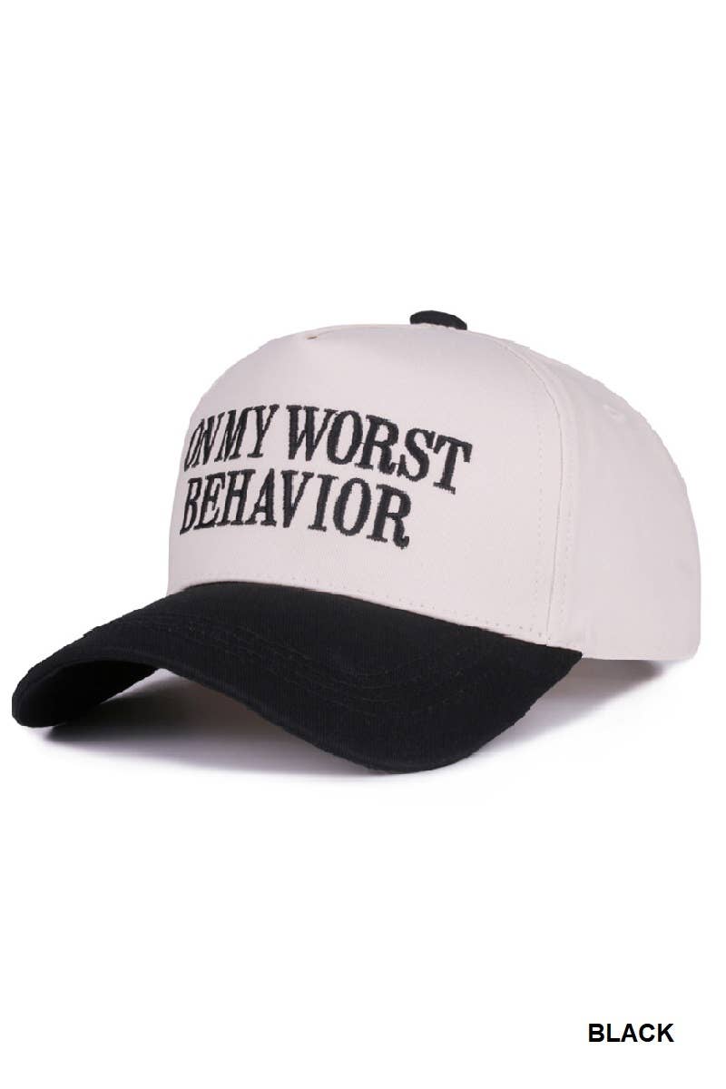 On My Worst Behavior Two Tone Canvas Cotton Cap: BLACK