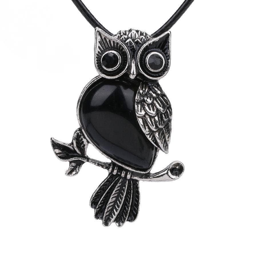 Owl Charm Pendant Necklace with Inlaid Natural Stones: Lapis lazuli