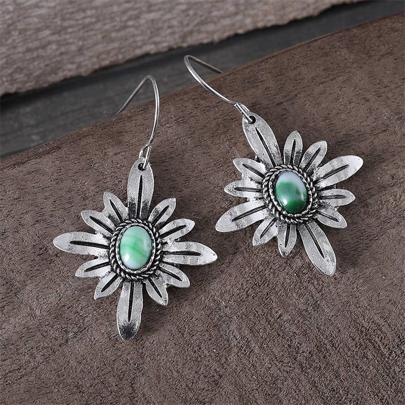Boho Silver - Tone Daisy Flower Earrings with Green Stone