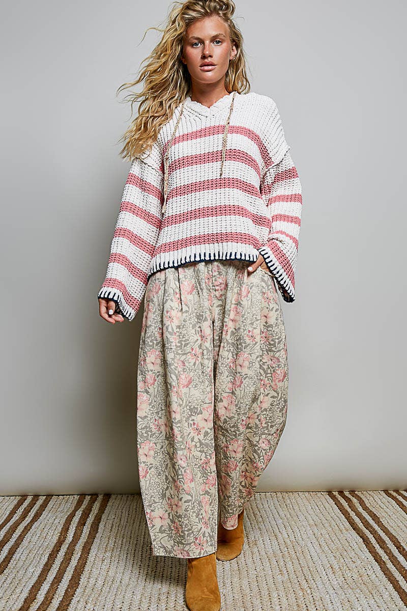 Hoodie V-neck Striped Long Sleeve Stitch Chenille Sweater: CREAM/NAVY