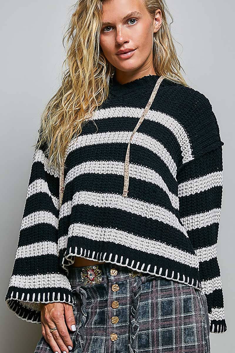Hoodie V-neck Striped Long Sleeve Stitch Chenille Sweater: CREAM/NAVY