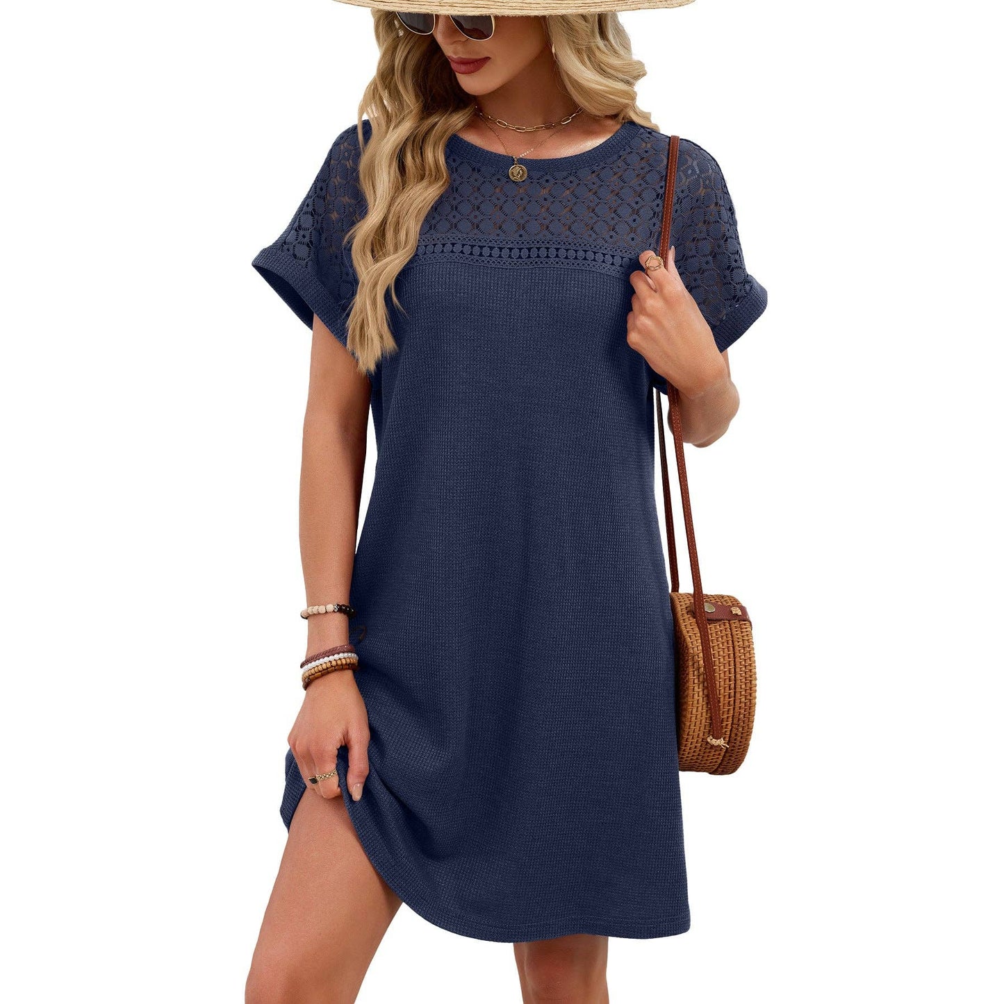 Lace Patchwork Casual Short Sleeve Loose Dress