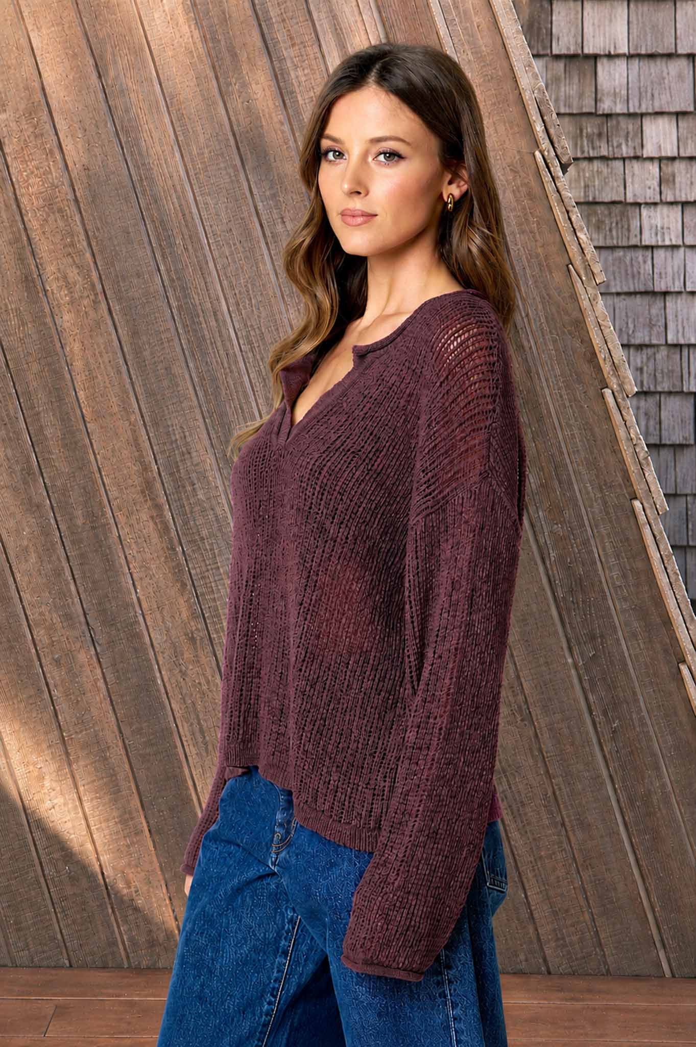 Raw Edge Split Neck Long Sleeve Sheer Knit Sweater