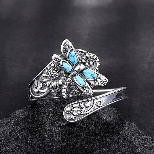Bohemian Turquoise Dragonfly Sunflower Open Ring