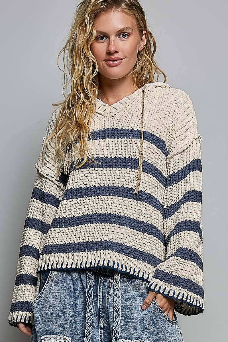 Hoodie V-neck Striped Long Sleeve Stitch Chenille Sweater: CREAM/NAVY