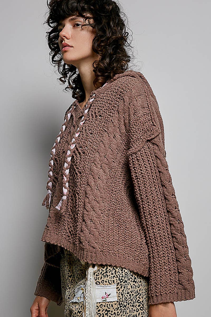 Oversize Fit V-neck Hooded Cable Knit Chenille Sweater
