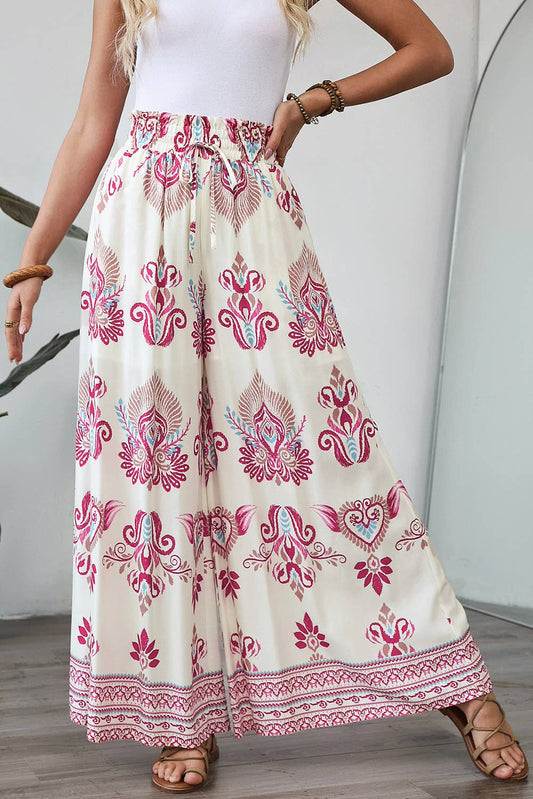 Boho Printed Shirred High Waist Flowy Wide Leg Pants