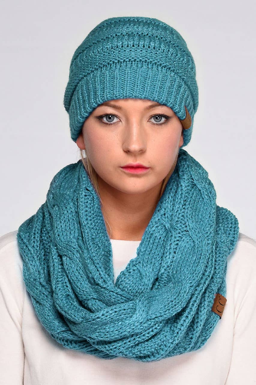 C.C Knitted Metallic Scarf: Teal/Teal