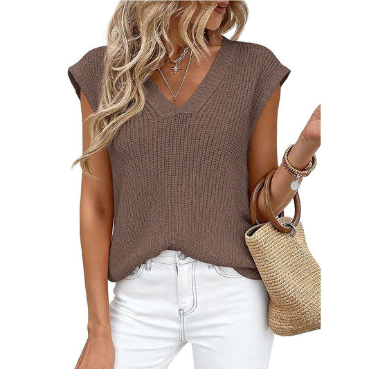 Women’s V-Neck Knit Top: Coffee