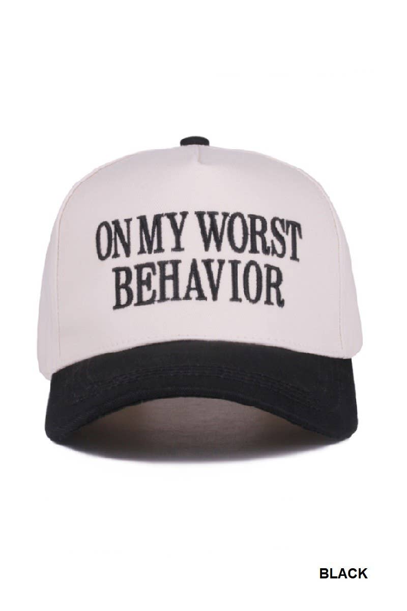 On My Worst Behavior Two Tone Canvas Cotton Cap: BLACK