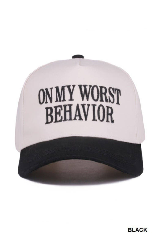 On My Worst Behavior Two Tone Canvas Cotton Cap: BLACK