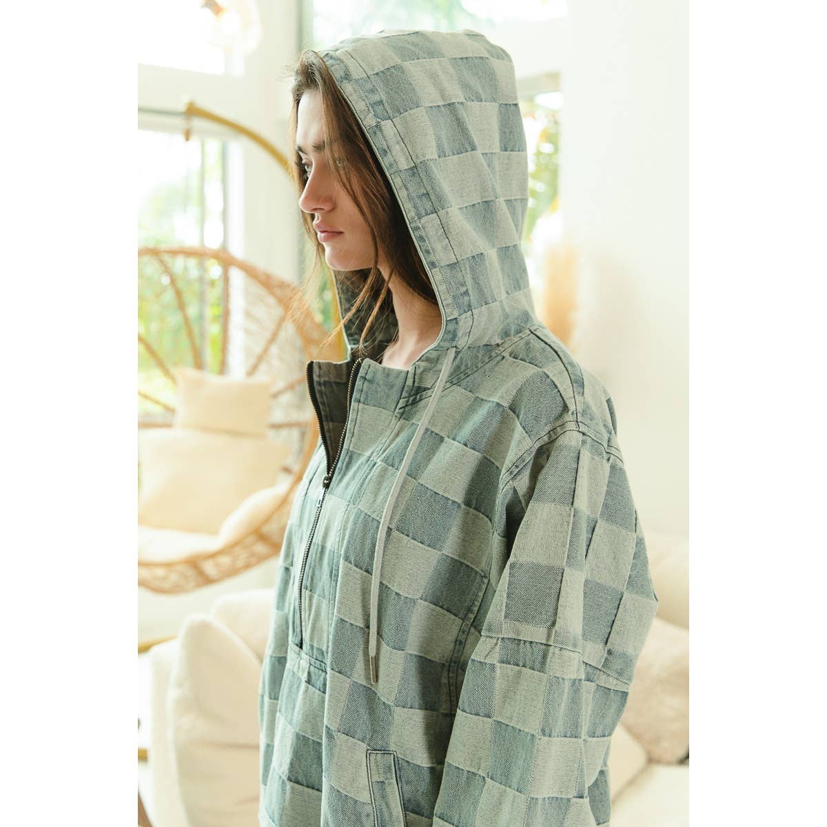 Washed Checker Denim Half Zip Up Hoodie