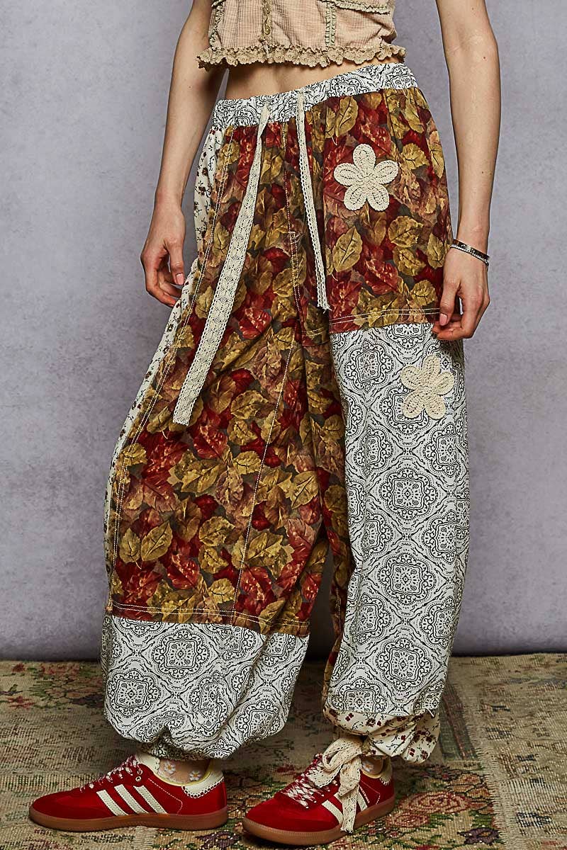 Crochet patch detail contrast patchwork printed woven pants