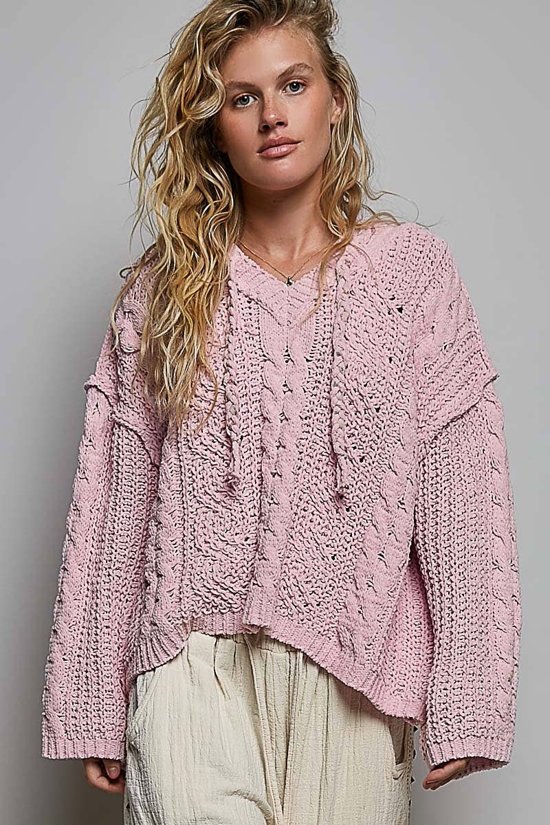 Oversize Fit V-neck Hooded Cable Knit Chenille Sweater